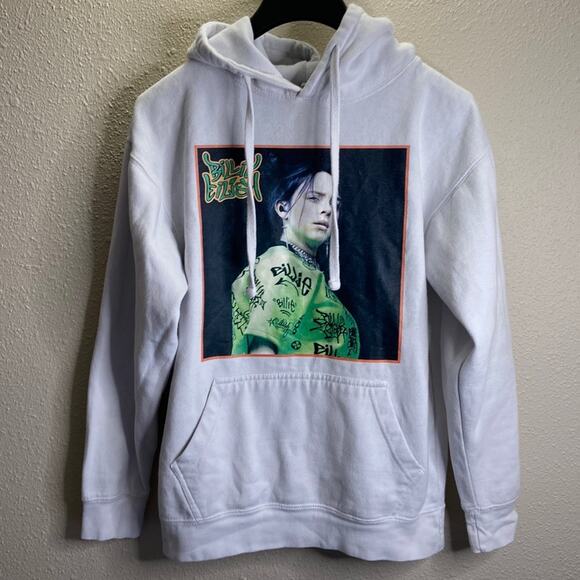Billy Eilish Sweaters - Billy Eilish Women White Hooded Long Sleeve Size S